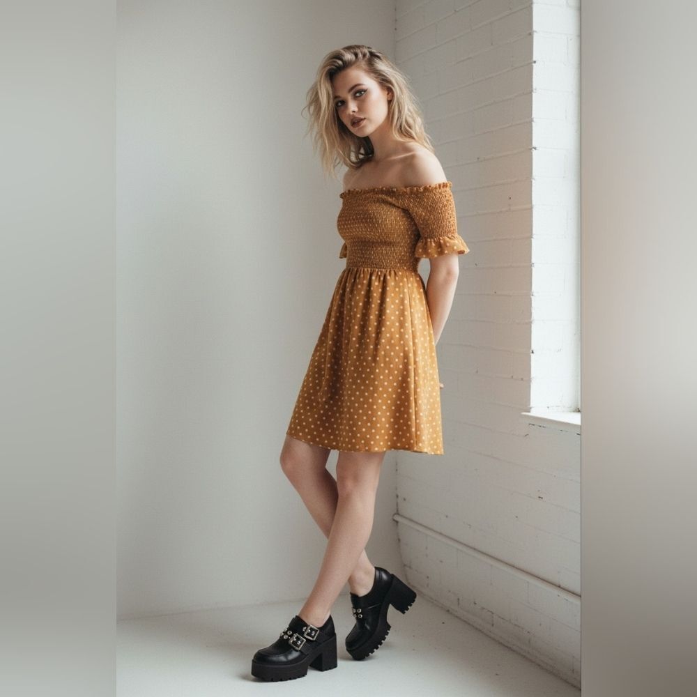 Polka Dot Off-Shoulder Mustard Yellow Dress
